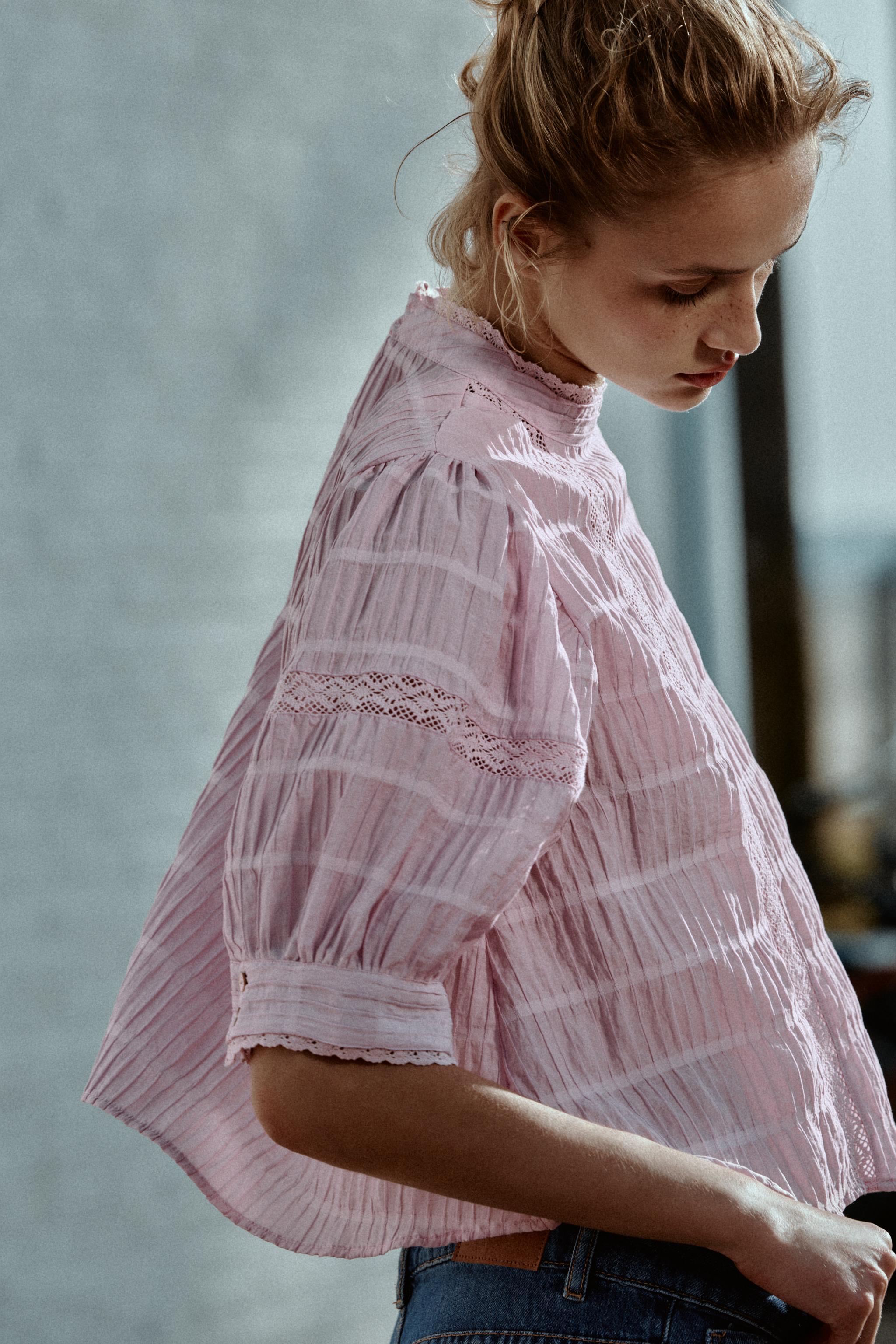 BALLOON SLEEVE LACE TRIM SHIRT